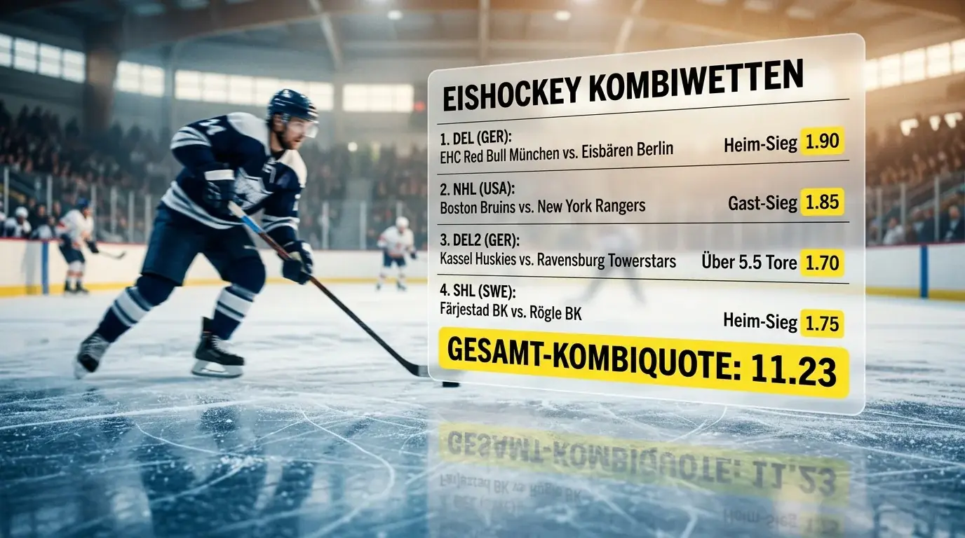 Eishockey Kombiwetten Leitfaden: Wettschein mit Quoten für NHL- und DEL-Spiele auf blauem Eis-Hintergrund