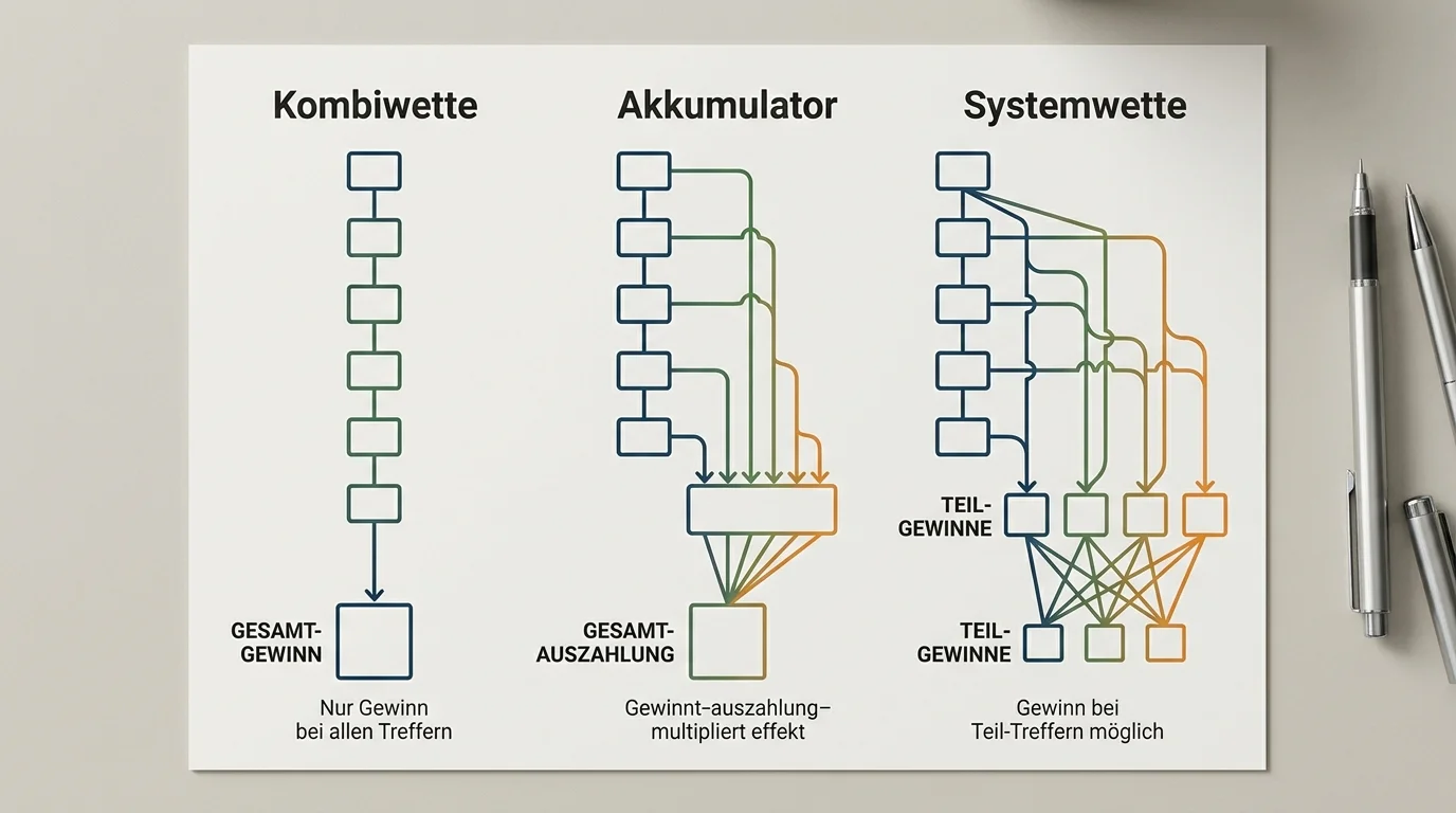 Schematischer Vergleich von Kombiwette, Akkumulator und Systemwette beim Eishockey-Wetten mit Leg-Strukturen