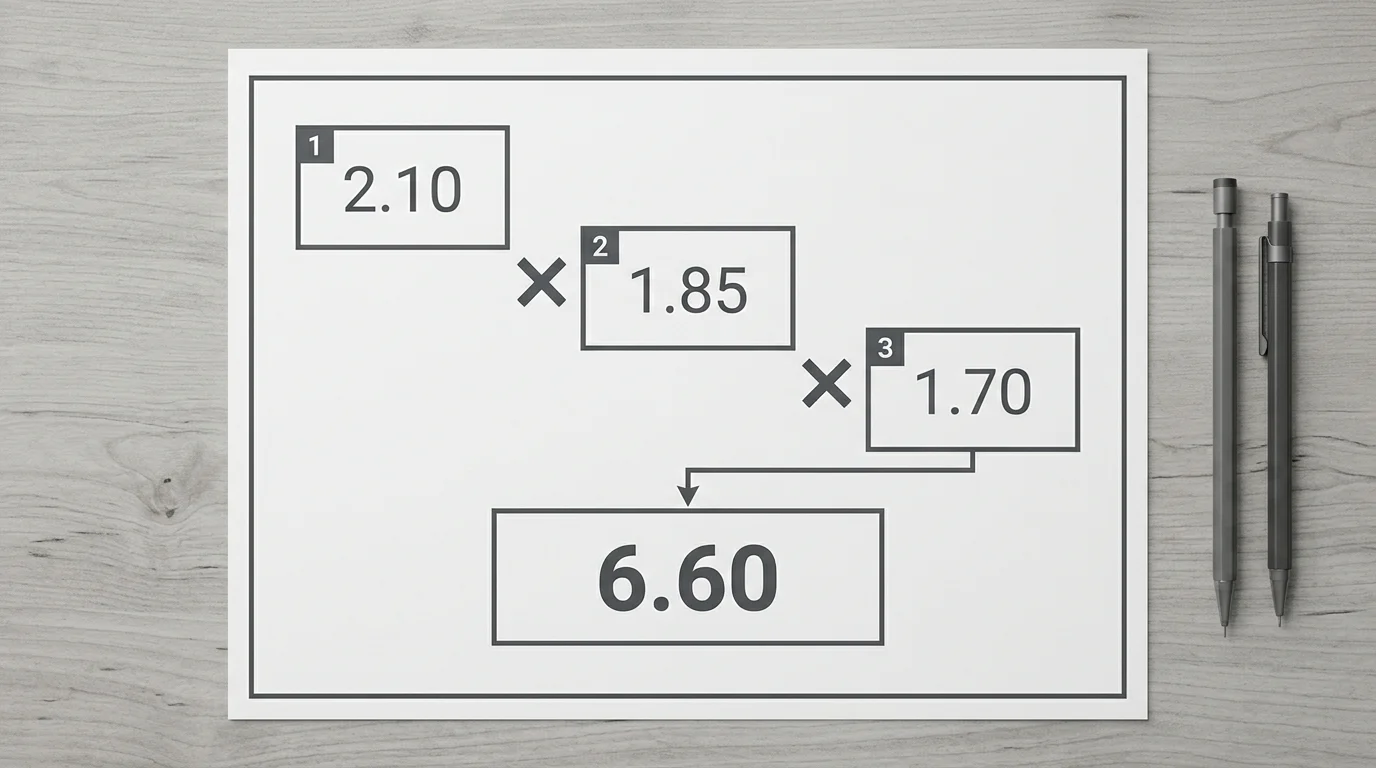 Visualisierung der Quotenmultiplikation bei Eishockey Kombiwetten: drei Legs mit ihren Einzelquoten werden zu einer Gesamtquote multipliziert